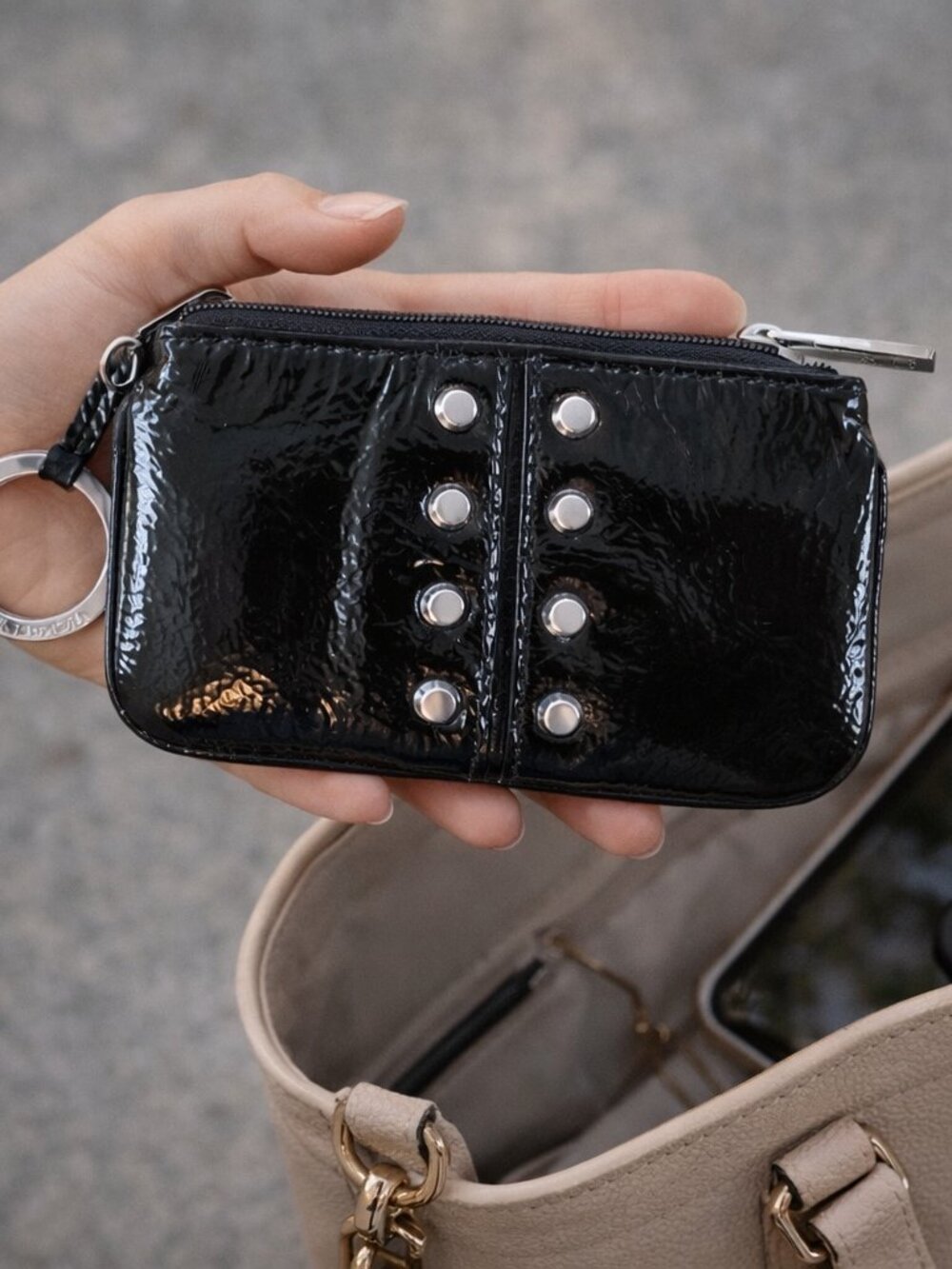 Michael Kors‎ Black Patent Leather Studded Coin Purse Key Ring Pouch
